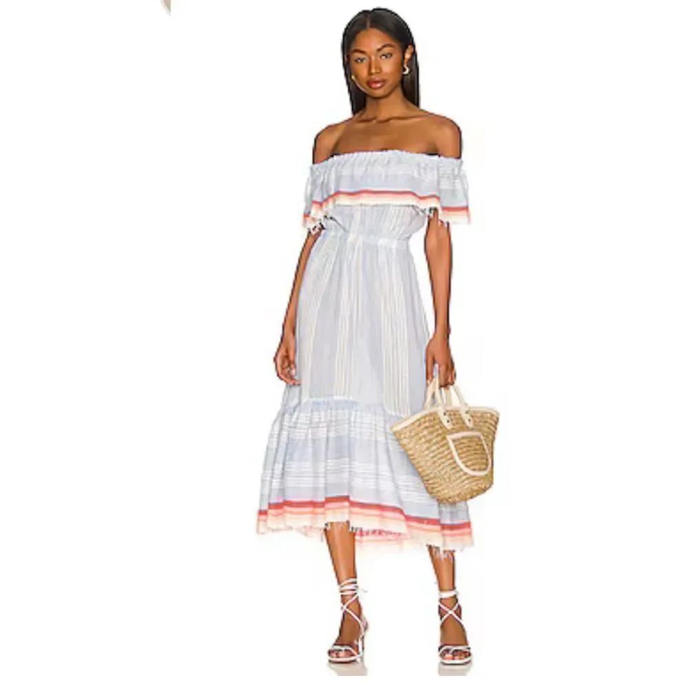 Lemlem Sisu Beach Dress in Silver Sky Off The Shoulder Size Small Nwot